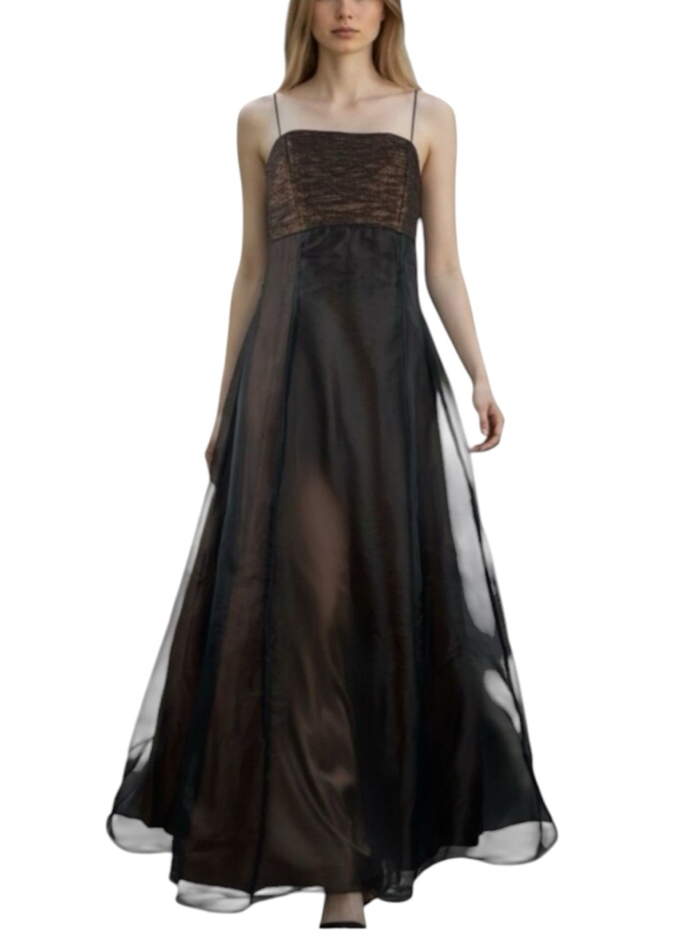 Betsy & Adam Metallic Copper Sheer Black Tulle Maxi Dress NWOT Size 12 Glam